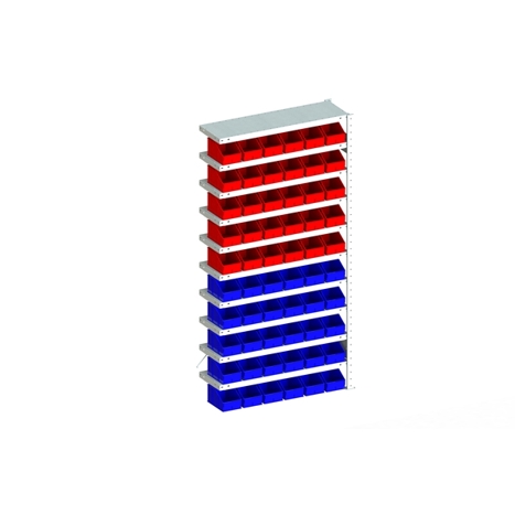 S3 CLIP 100 AR - Fachbodenregal mit 10 Böden & 60 Sichtlagerkästen (30 blau, 30 rot) - Maße: 2000x1000x300 mm