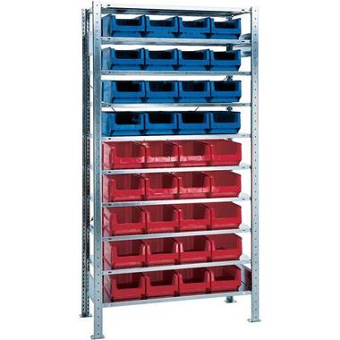 Fachbodenregal mit Sichtlagerkästen - Steckregal H2000xB1000xT400mm - 10 Stahlböden - 16x MK3Z Blau, 20x MK3Z Rot