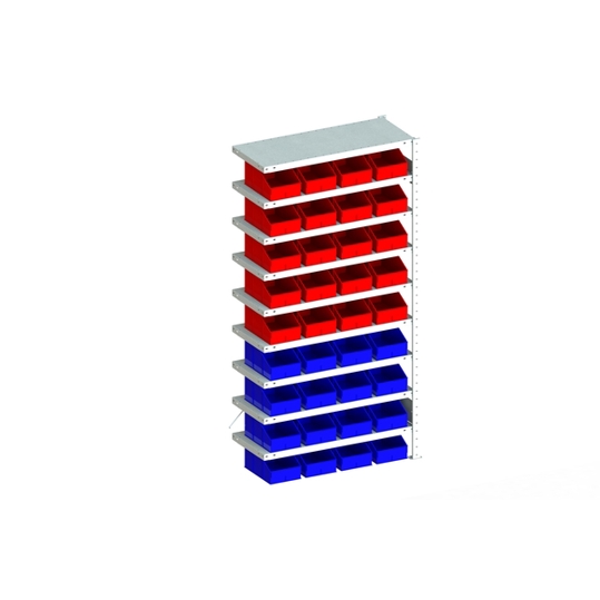 S3 CLIP Fachbodenregal 100 AR – 2000 x 1000 x 400 mm, kompletter Set mit 9 Böden, 16 blauen Sichtlagerkästen PLK 2 und 20 roten Sichtlagerkästen PLK 2
