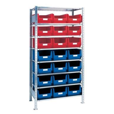 Fachbodenregal mit Sichtlagerkästen - Steckregal H2000xB1000xT500mm, 8 Stahlböden, 12 x MK2 blau, 9 x MK2 rot
