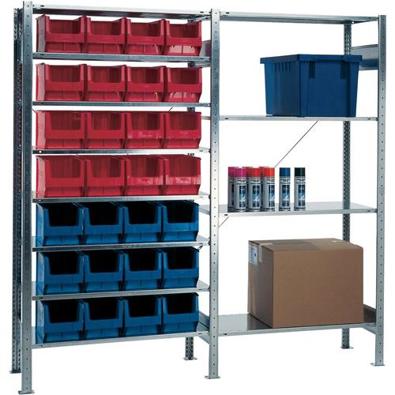 Steckregal mit 8 Stahlböden 200x100x40 cm - 12 MK3 blau & 16 MK3 rot, Fachbodenregal mit Sichtlagerkästen