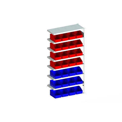 S3 CLIP 100 AR Fachbodenregal mit 7 Böden und 28 Sichtlagerkästen (12 blau, 16 rot) - 2000 x 1000 x 400 mm